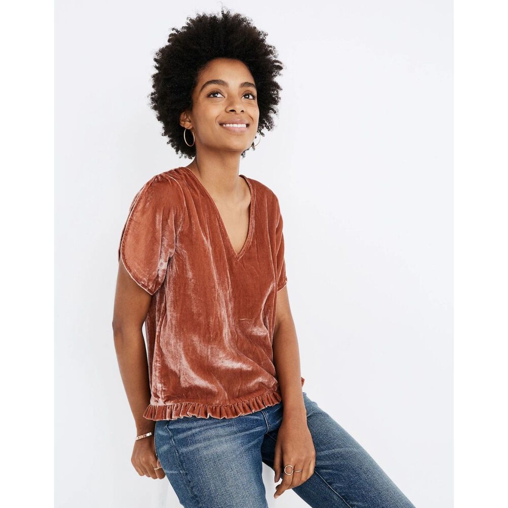 Madewell Velvet Tulip Sleeve Ruffle Hem Top Afterglow Red XXS Rust V-Neck